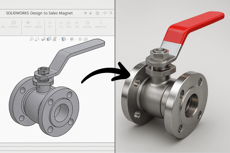 SolidWorks CAD model transformed into photorealistic 3D render of industrial valve